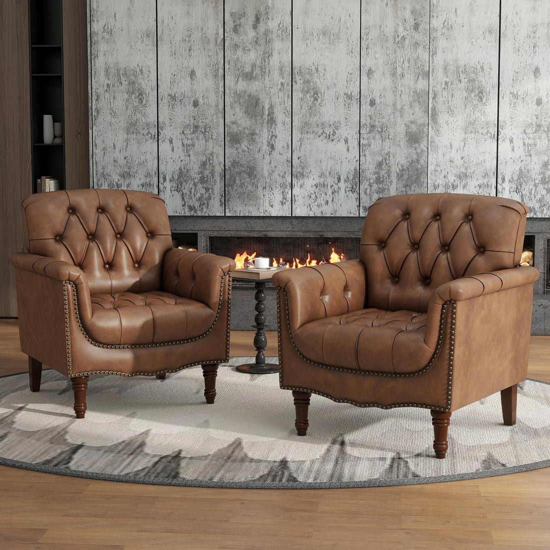 Two brown leather armchairs in a living room with a fireplace.