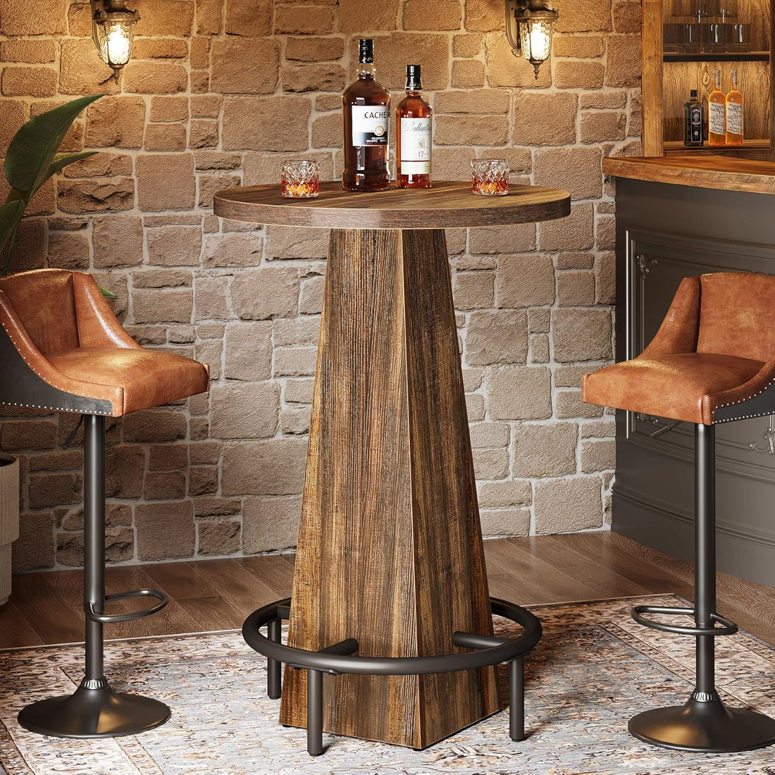 Bar Table, 37.4" High round Pub Table for Small Bars, Dining Room, Kitchen, Brown and Black (Only Table)