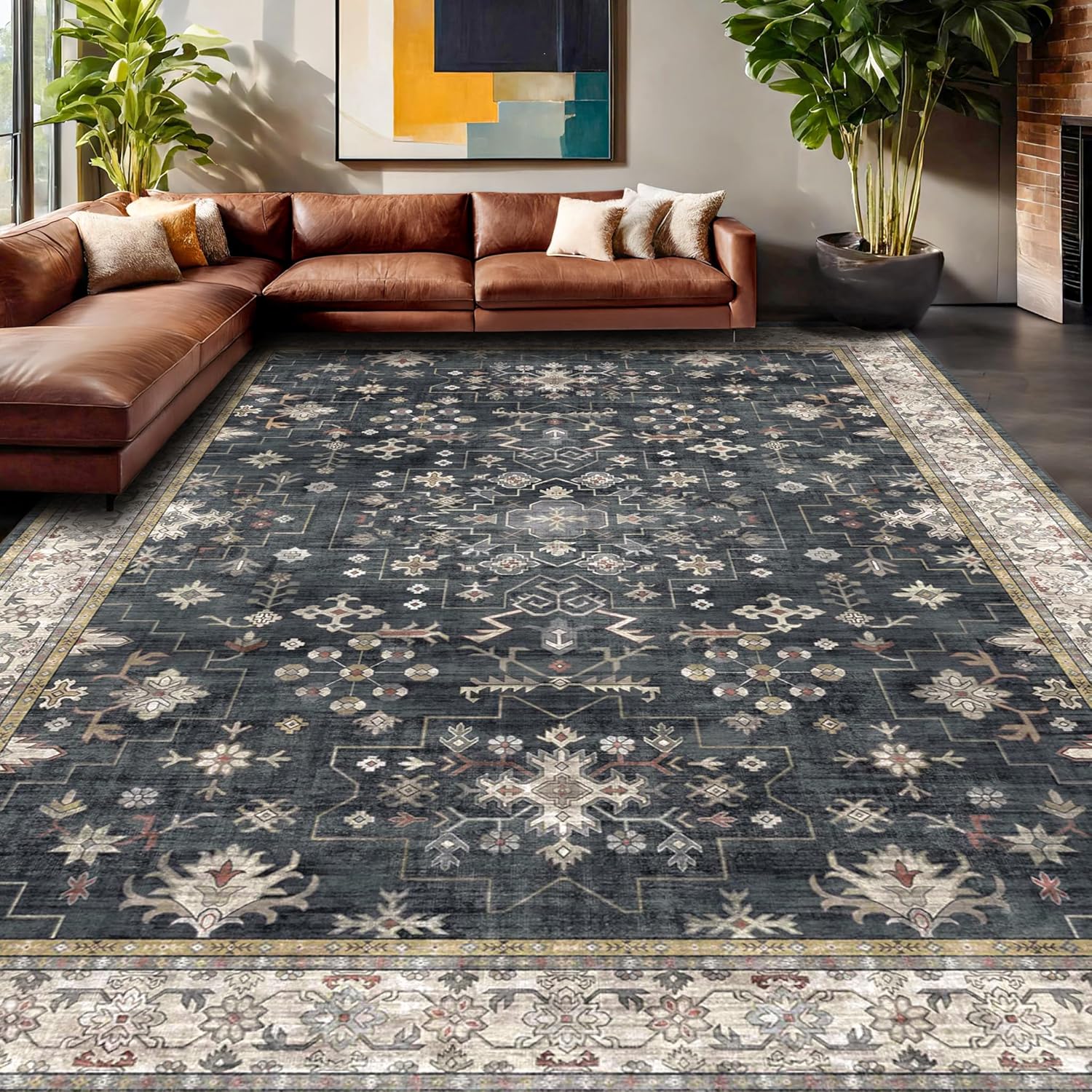 Modern Black Rug for Living Room - Washable Non-Slip & Stain Resistance