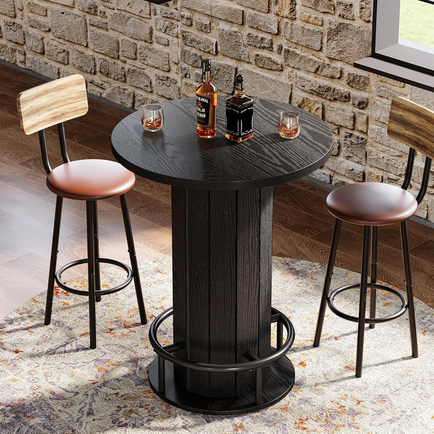 round Bar Table, 39.4" H Wood Bistro Pub Table with Metal Ring Footrest for Dining Coffee Cocktail Living Room, Small Space, Black (Only Table)