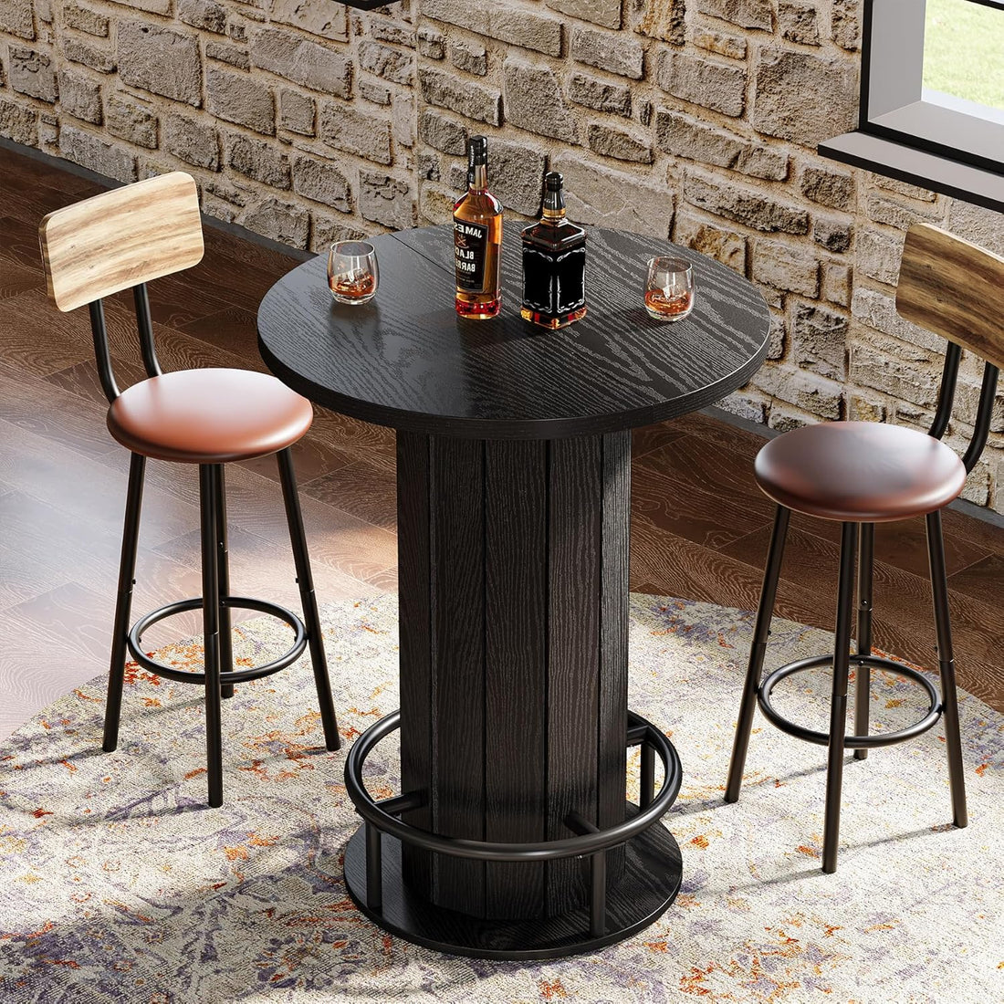 round Bar Table, 39.4" H Wood Bistro Pub Table with Metal Ring Footrest for Dining Coffee Cocktail Living Room, Small Space, Black (Only Table)
