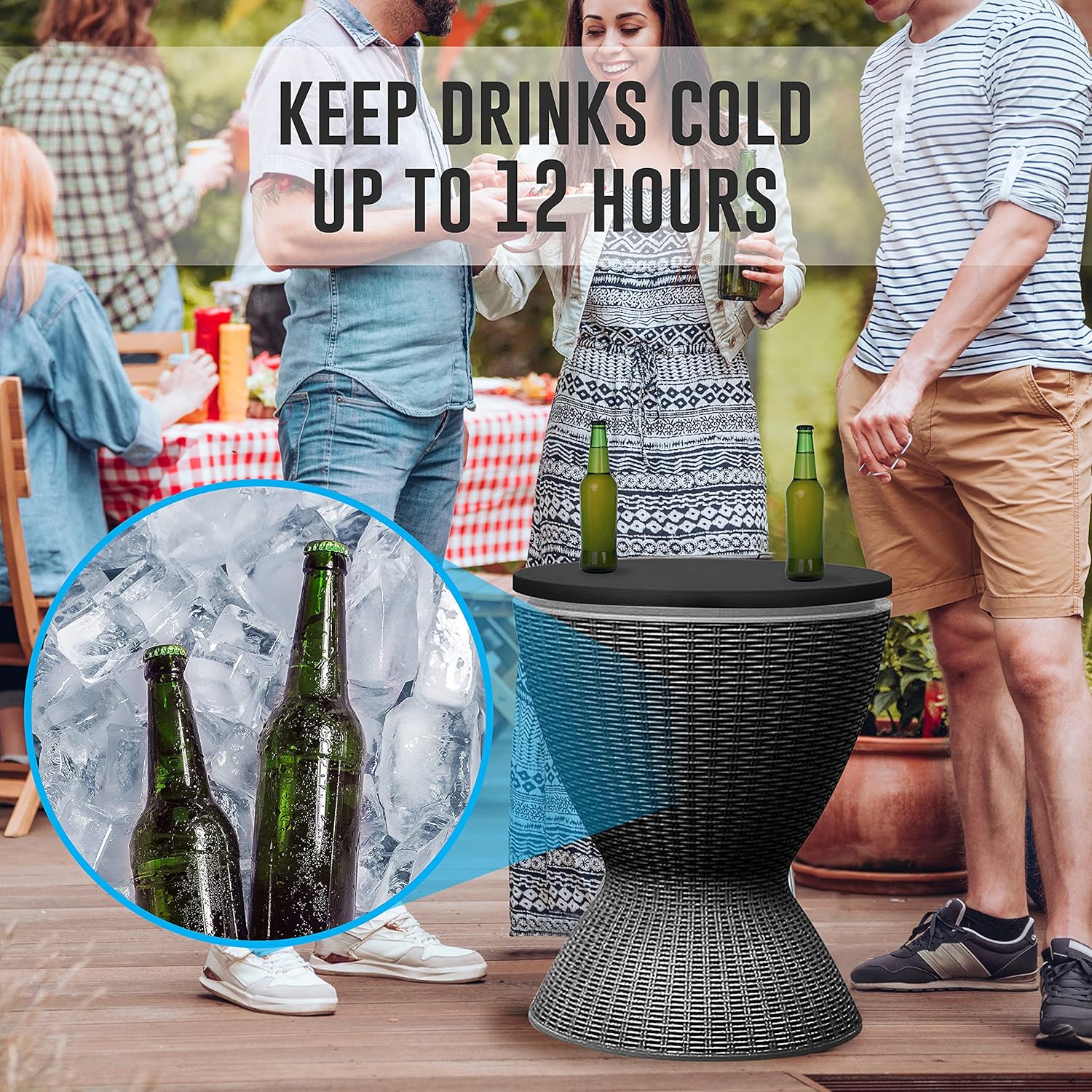 Outdoor Cool Bar Table, 7.5 Gallon Beer and Wine Cooler, Patio Furniture & Hot Tub Side Table, Beverage Cooler, All-Weather Resistant Ice Cool Bar, Rattan Style Patio, Cocktail Bar (Black)