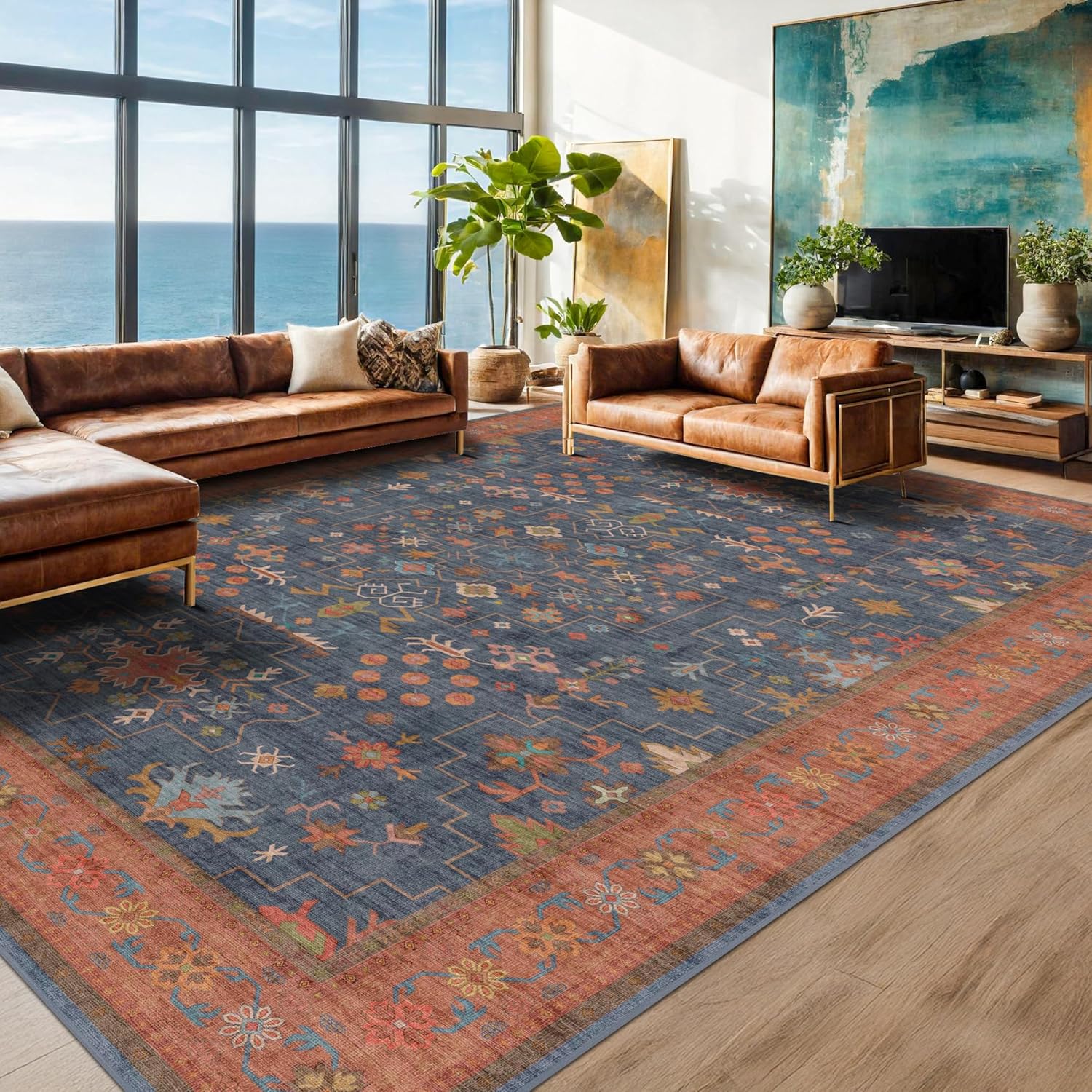 Modern Black Rug for Living Room - Washable Non-Slip & Stain Resistance