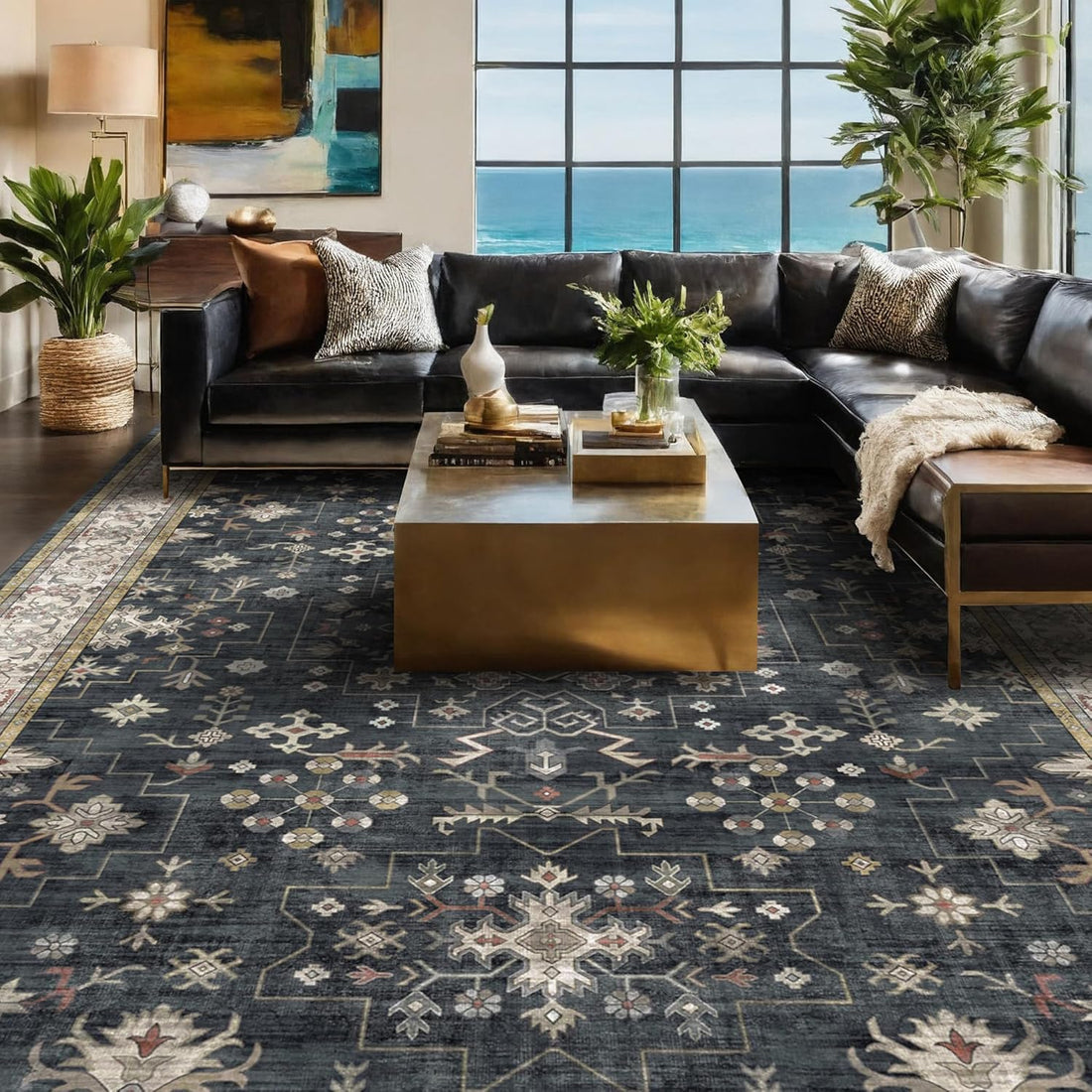 Modern Black Rug for Living Room - Washable Non-Slip & Stain Resistance