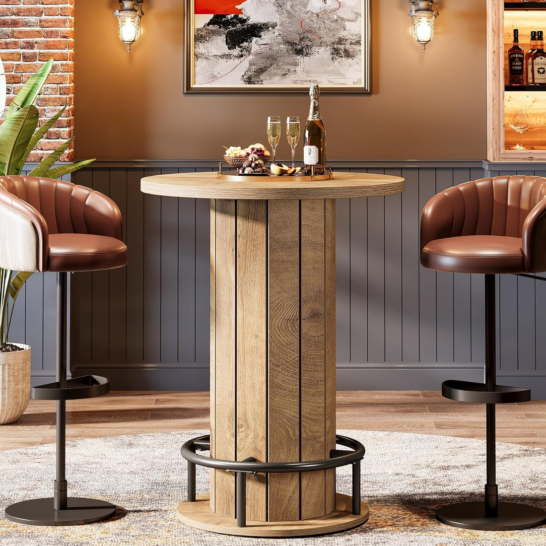 round Bar Table, 39.4" H Wood Bistro Pub Table with Metal Ring Footrest for Dining Coffee Cocktail Living Room, Small Space, Black (Only Table)