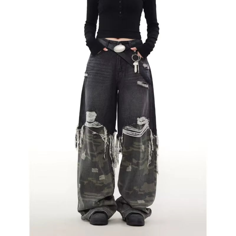 Mens Street Fashion Camouflage Patchwork Jeans