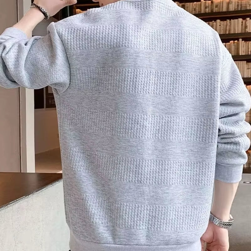 New Spring and Autumn Fashion Trend Print Panel Leather Pocket round Neck Loose and Versatile Handsome Men'S Long Sleeve Sweater