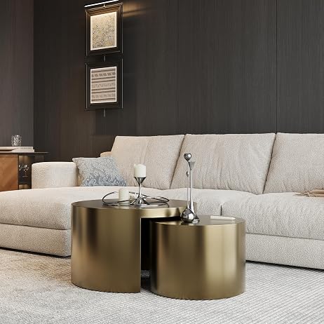 Italian Coffee Table Set – Gold-Brushed Textured 2-in-1 Brass Coffee Tables for Modern Living Room