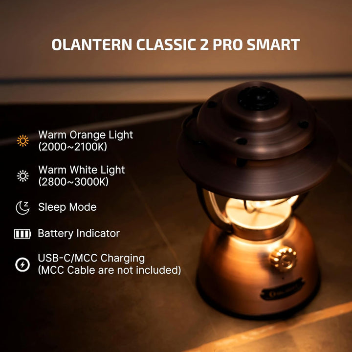 Olantern Classic 2 Pro APP Control Camping Lantern, 300 Lumens LED Rechargeable Lamp Flashlight with Dual Light Sources for Hurricane, Emergency, Hiking, Home Decor (Vintage Copper)