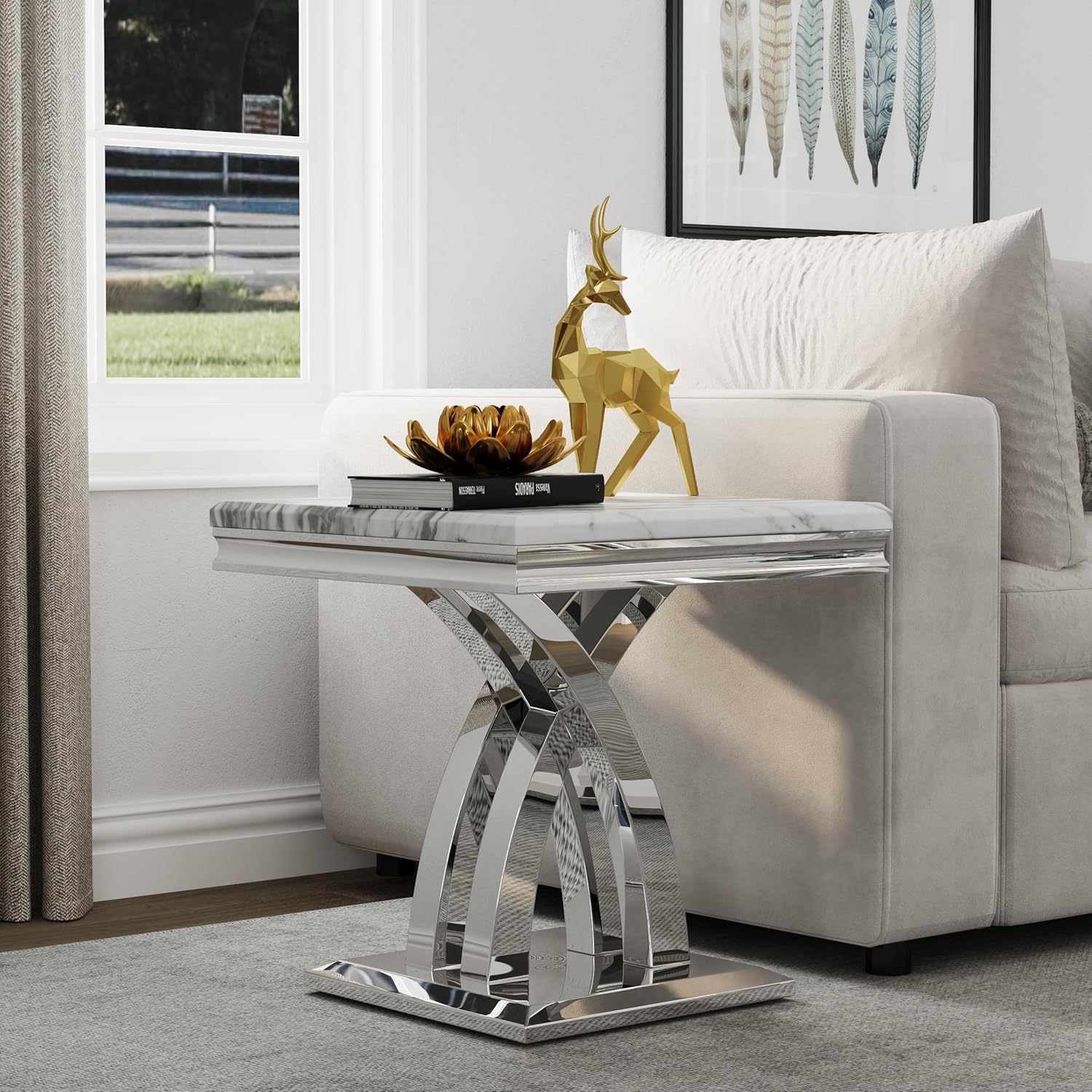 Premium Silver End Table X Base Living Room Luxury