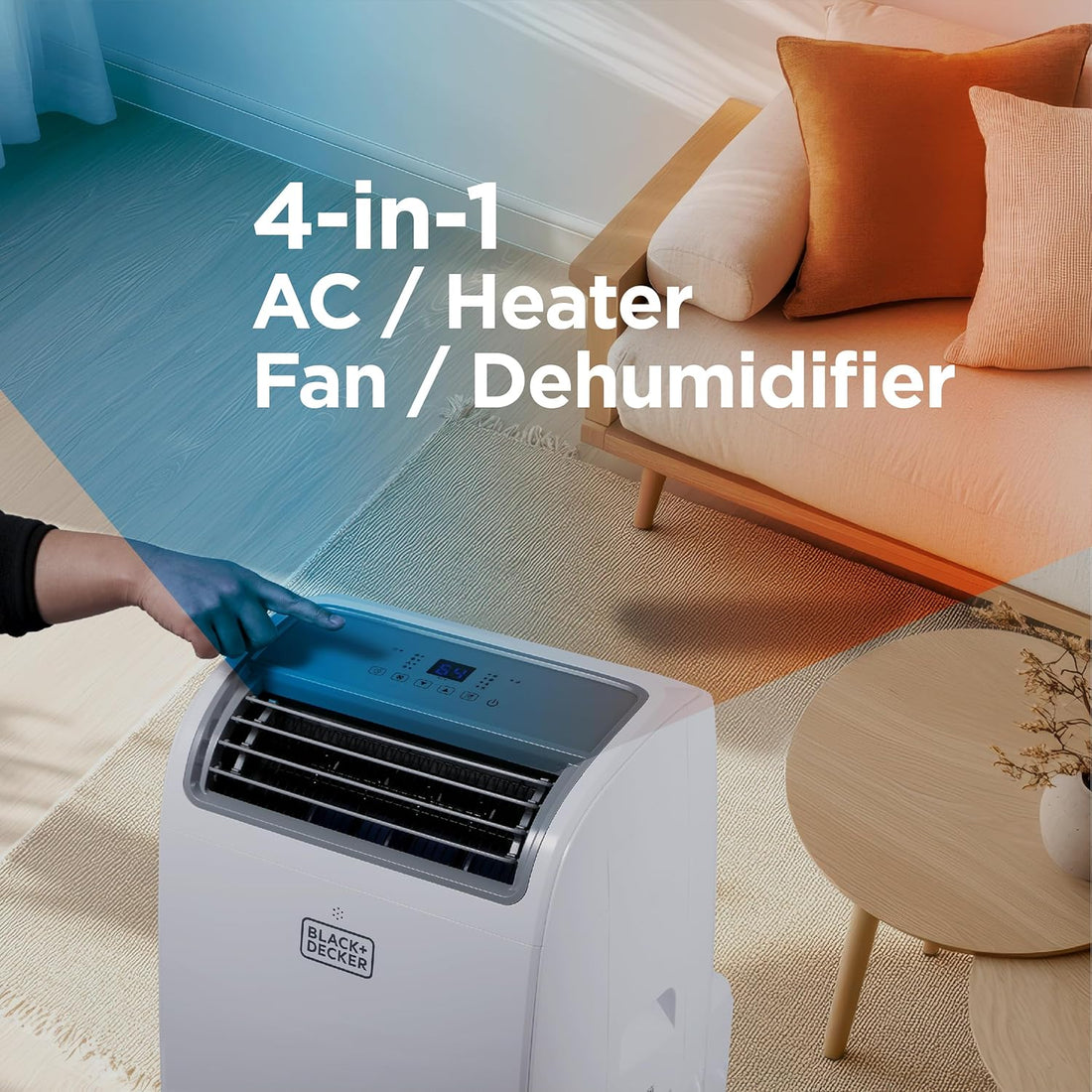 Portable air conditioner with text '4-in-1 AC/Heater/Fan/Dehumidifier' in a living room setting.