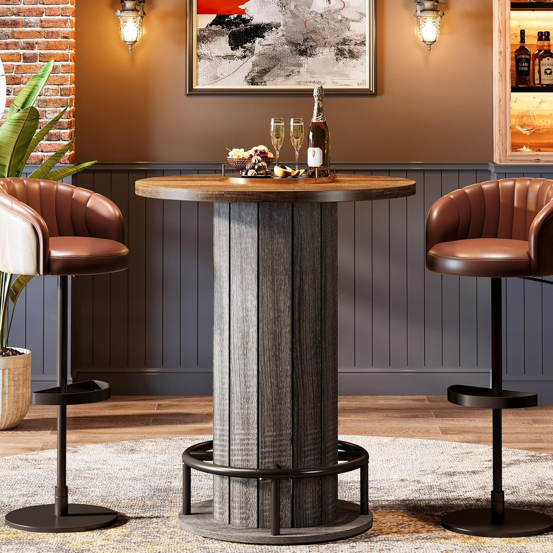 round Bar Table, 39.4" H Wood Bistro Pub Table with Metal Ring Footrest for Dining Coffee Cocktail Living Room, Small Space, Black (Only Table)