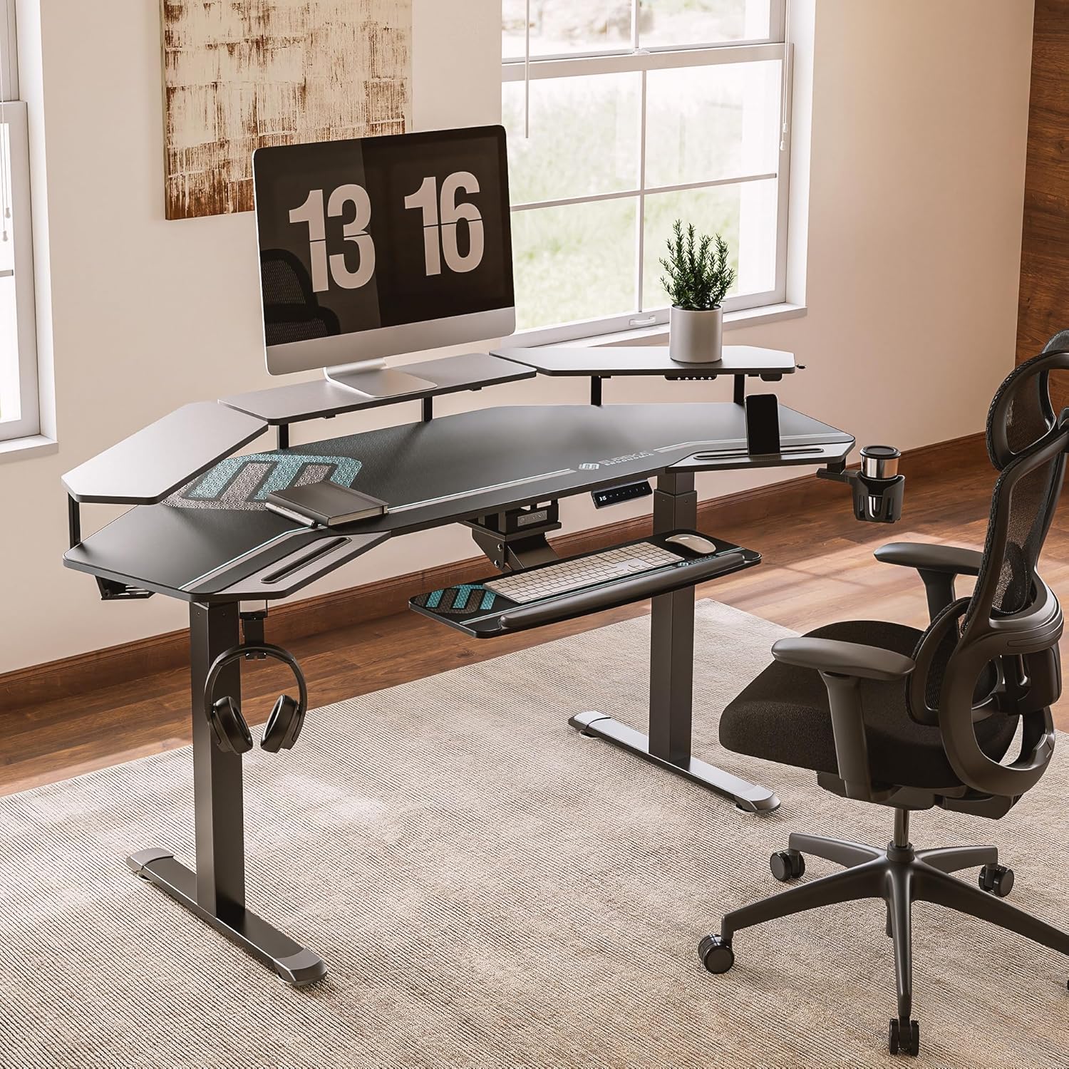 Premium 72” Wing Shaped Standing Desk – Music Studio & Gaming Workstation with Keyboard Tray & LED Shelves