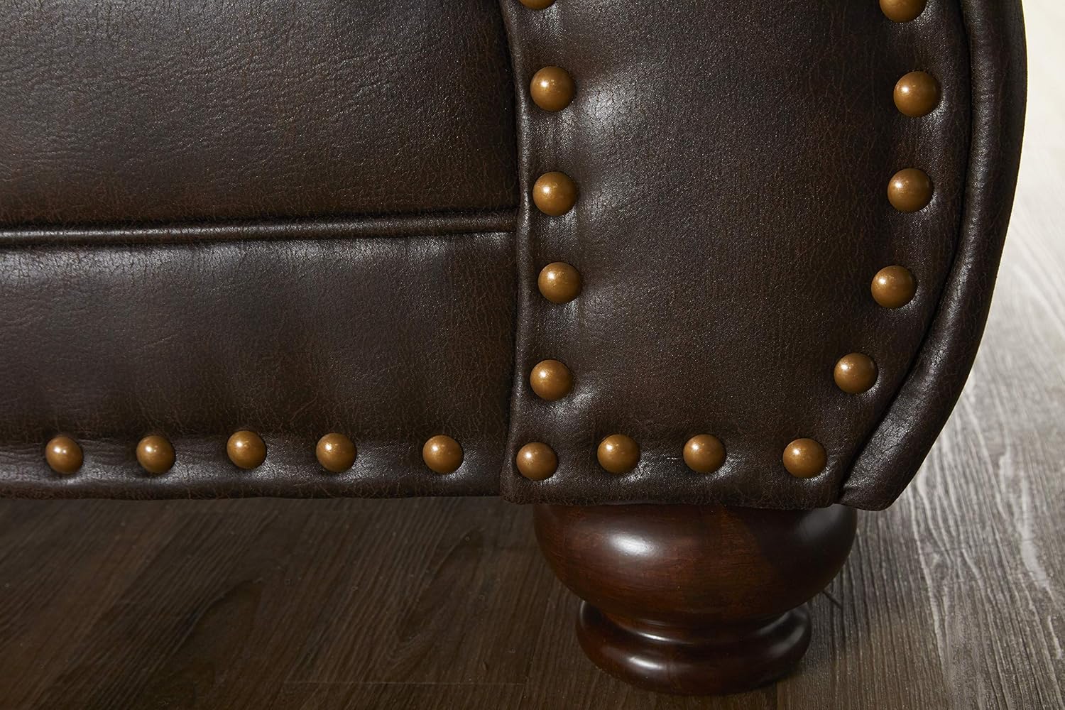New Faux Leather Sofa with Antique Bronze – Classic Upholstered Living Room Couch