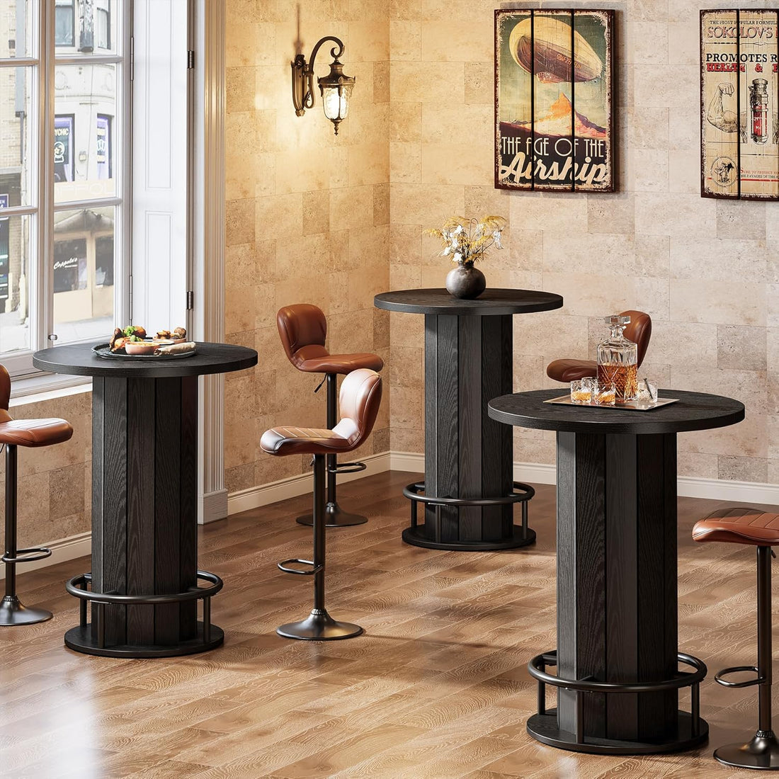 round Bar Table, 39.4" H Wood Bistro Pub Table with Metal Ring Footrest for Dining Coffee Cocktail Living Room, Small Space, Black (Only Table)