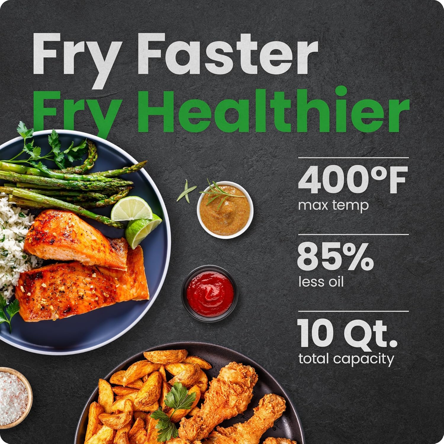 Advertisement for a fryer with food items and text highlighting benefits on a dark background