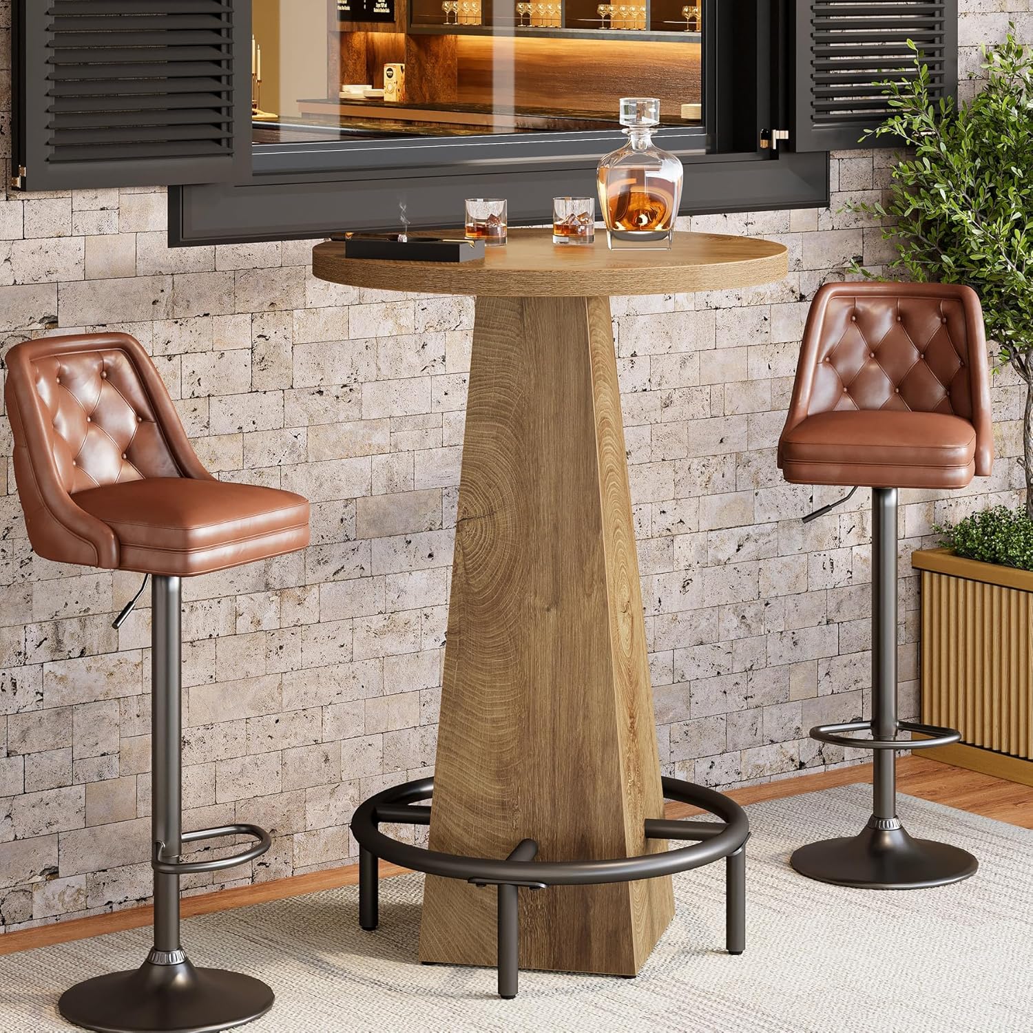 Bar Table, 37.4" High round Pub Table for Small Bars, Dining Room, Kitchen, Brown and Black (Only Table)