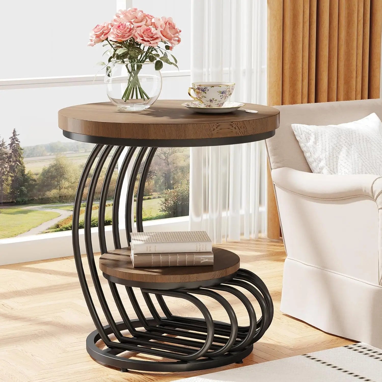Arc-Shaped Side Table with 2 Tiers Storage Shelves