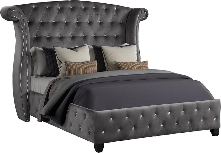 Luxury Bed Frame - Velvet Upholstered Platform Bed with Rolled Headboard 