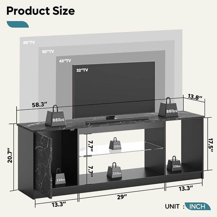 148CM LED TV Stand for 55/60/65 Inch Tvs Gaming Entertainment Center with Cabinet for PS5 Modern TV Cabinet with Adjustable Glass Shelves for Living Room Bedroom