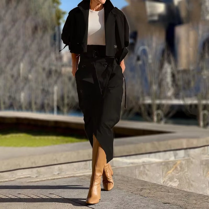 Women Long-Sleeved High Waist Split Skirt Suit New Spring Autumn Solid Slim Fit Two-Piece Suit