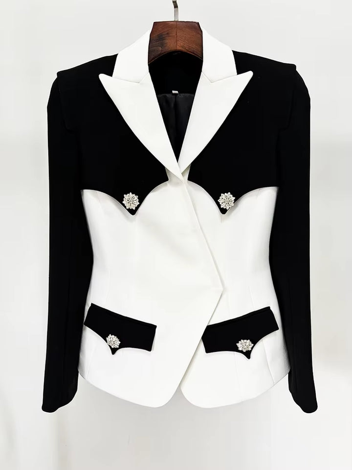 Fusion Designed Jacket Women' Slim Fitting Rhinestone Diamonds Buttons Block Blazer