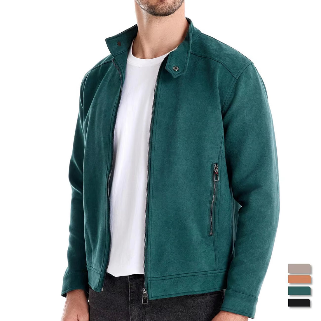 New Men'S Stand Collar Zip Suede Jacket Fashion Casual Business Faux Leather Trucker Jackets Coat for Men