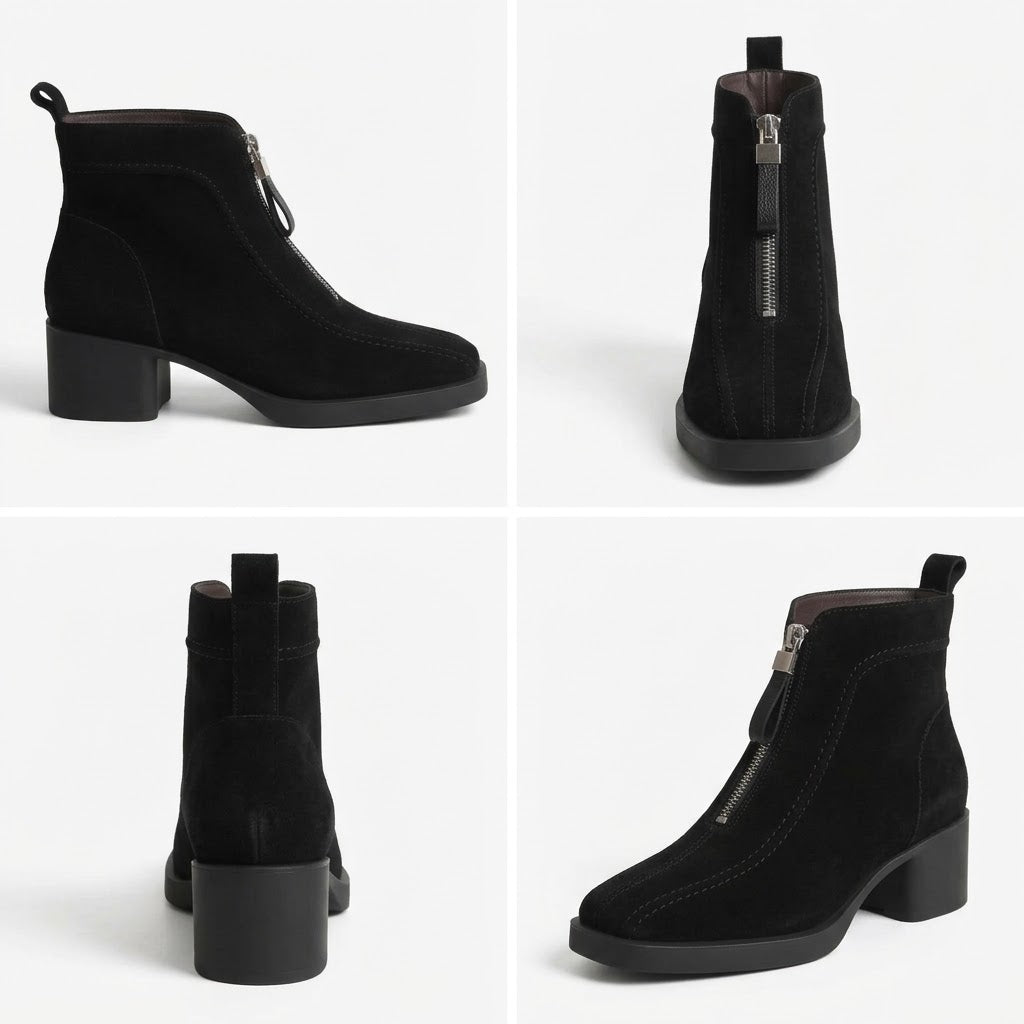 Modern Women's Natural Suede Leather Ankle Boots – Square Toe, Front Zip, 5cm Block Heel