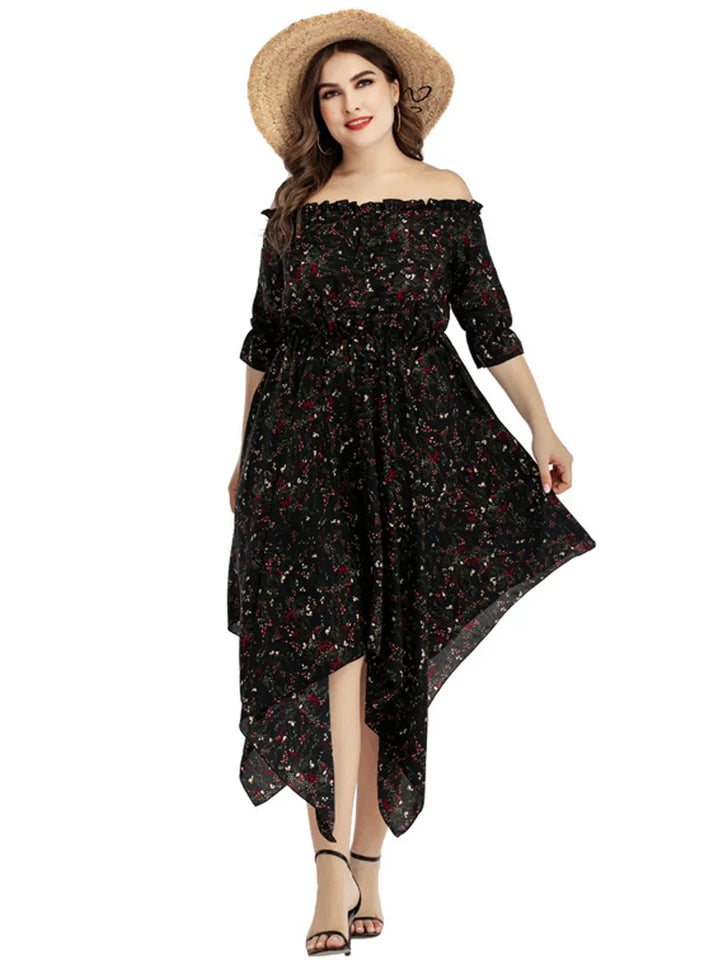 New Summer Dress for Woman Fashion Slash Neck Floral Print 