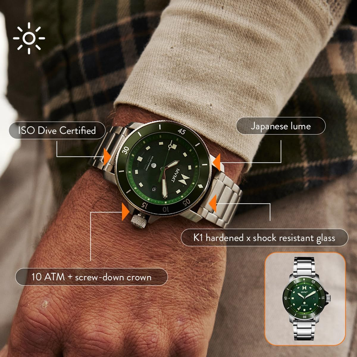 Mens Premium Solar Rechargeable Sports - Water-Resistant Watch