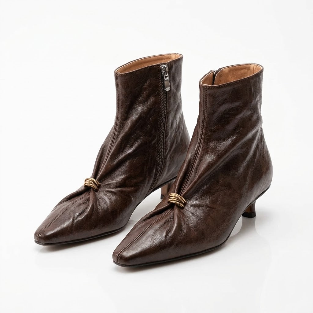 New Women's Pleated Sheepskin Ankle Boots – Elegant Pointed-Toe Kitten Heels