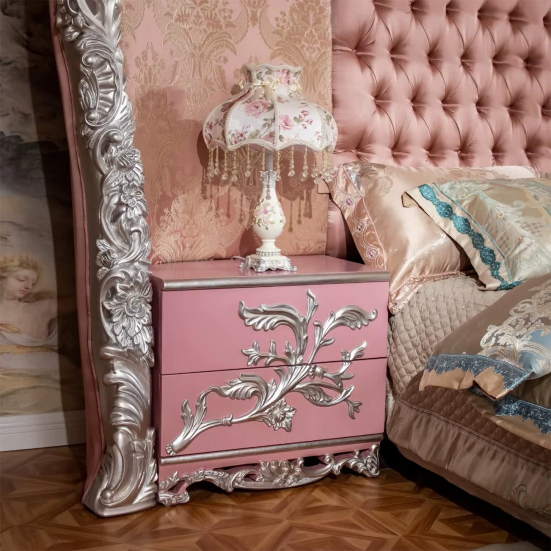 French Classic Hand Carved Silver Wood Bedroom Furniture Bed 