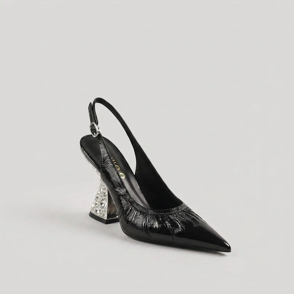 Women's Pointed-Toe Leather Crystal Embellished Chunky Heel Sandals