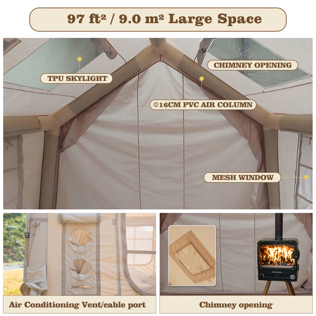 Coody 9.0 Air Tent-Beige High Quality Wholesale 4 Season Camping Zelt Family Easy Setup Portable Foldable Inflatable Tent