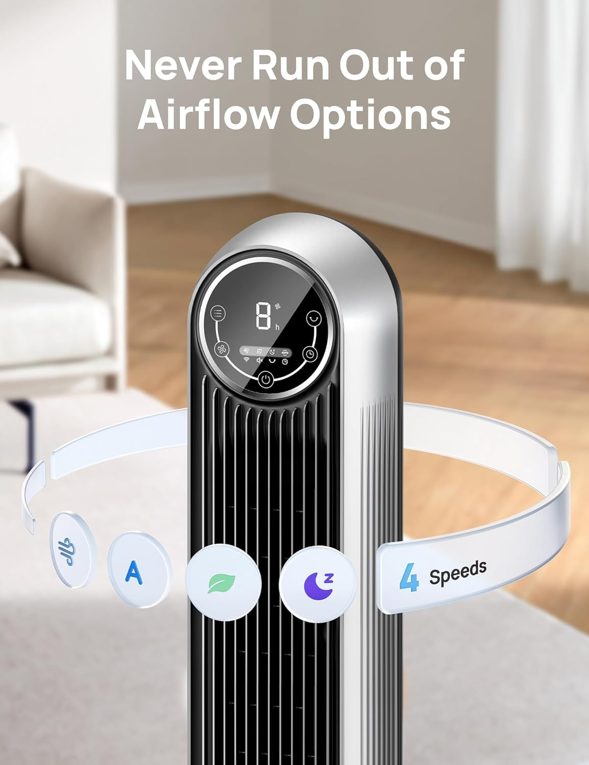 Bladeless Tower Fan - 25Ft/S, 4 Speeds, 4 Modes, 90° Oscillation, 8H Timer, Ultra Quiet for Bedroom, Indoors, Silver (Nomad One)