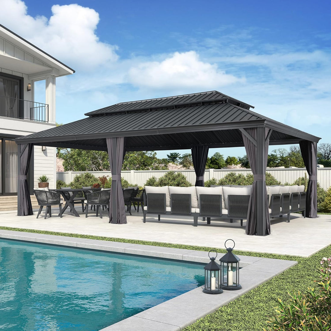 Permanent Hardtop Gazebo Aluminum Pavilion with Curtains 