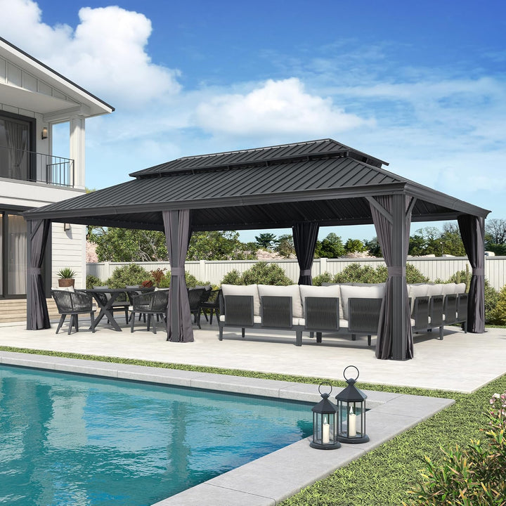 Permanent Hardtop Gazebo Aluminum Pavilion with Curtains 