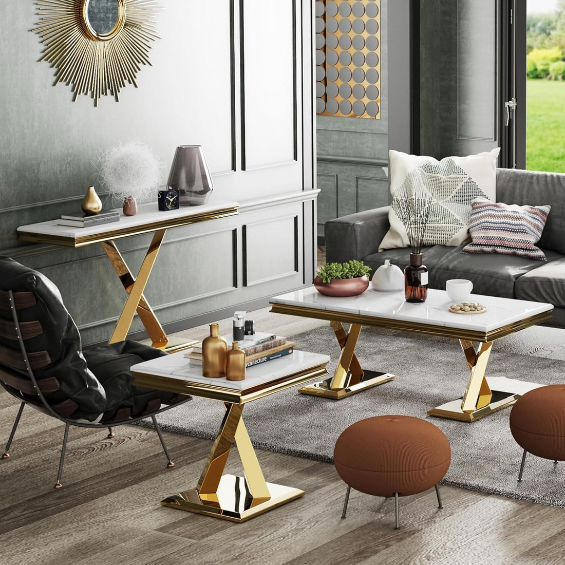 Gold Console Table, 50" Entryway Table with White Tabletop & Gold Polished X-Base, Luxury Sofa Table for Living Room, Hallway, Foyer