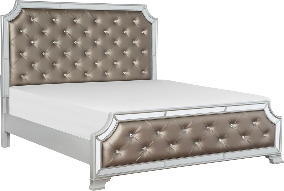 Modern Mirror Bed Frame Crystal Button-Tufted Headboard & Footboard