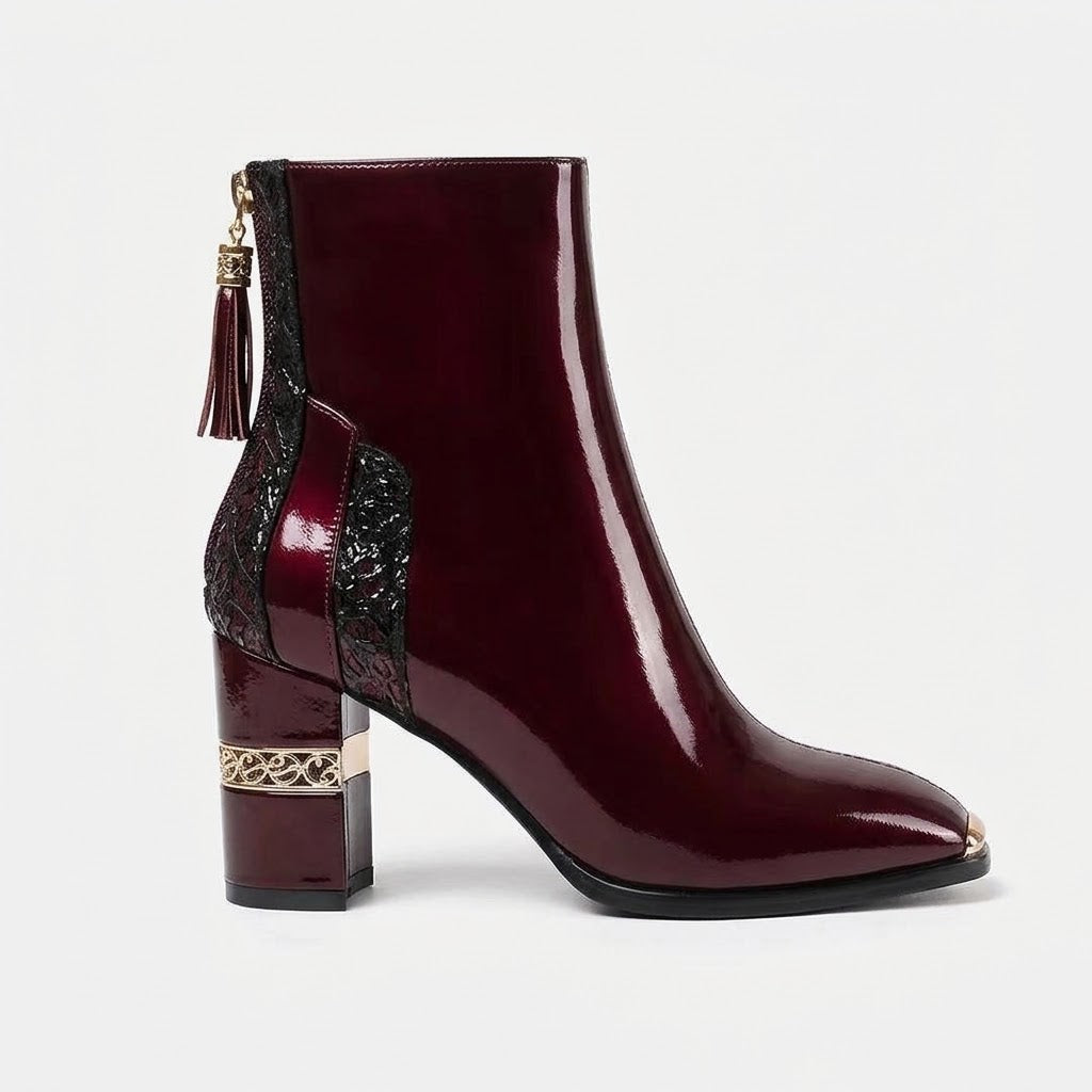 Women's Glossy Patent Leather Ankle Boots – Cashmere Lined Square-Toe Winter Heels