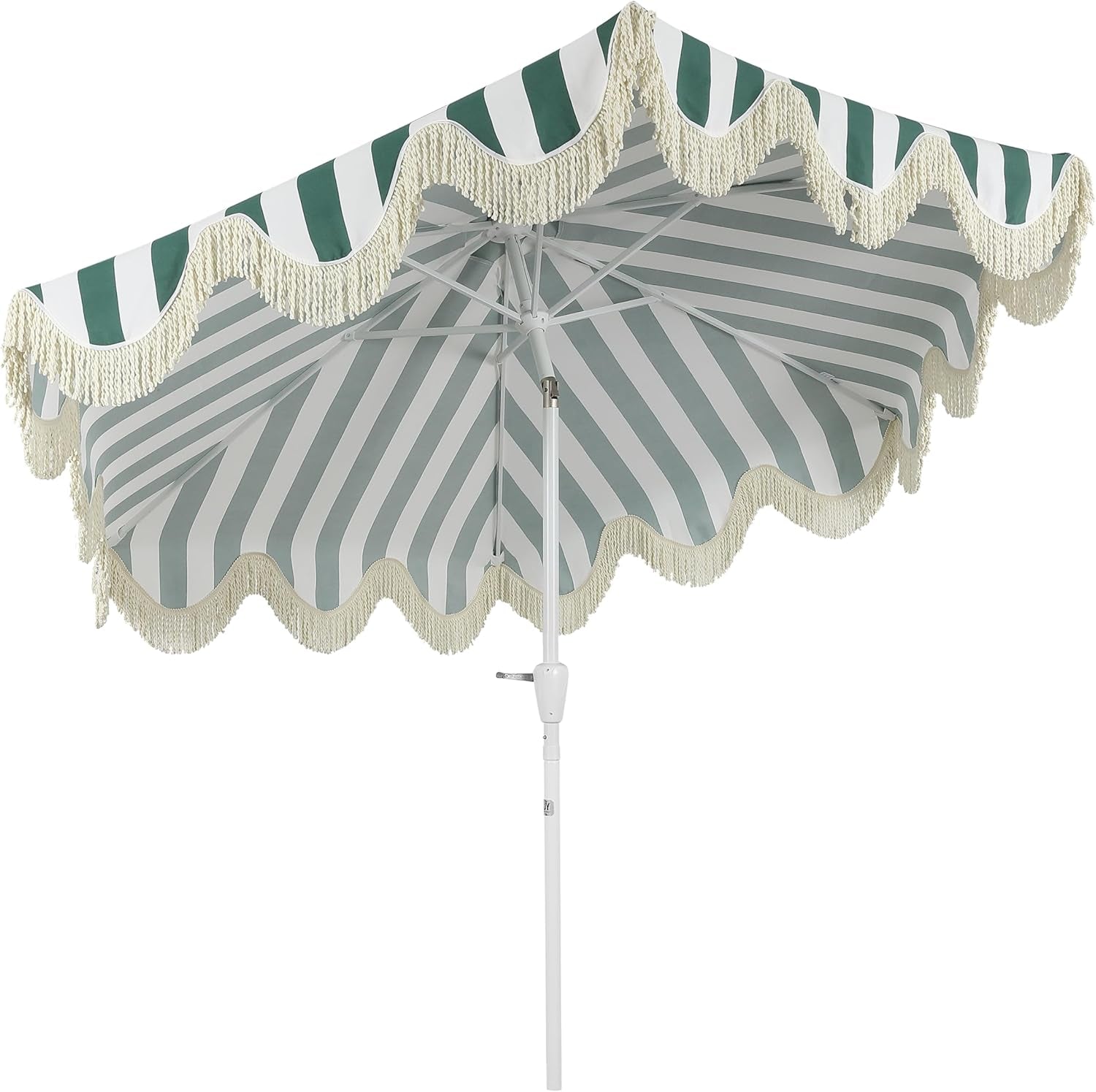 UMB1001 Collins 9 Ft. Classic Cottage Tassel Market Patio Umbrella with Auto-Tilt, Crank, Wind Vent and UV Protection