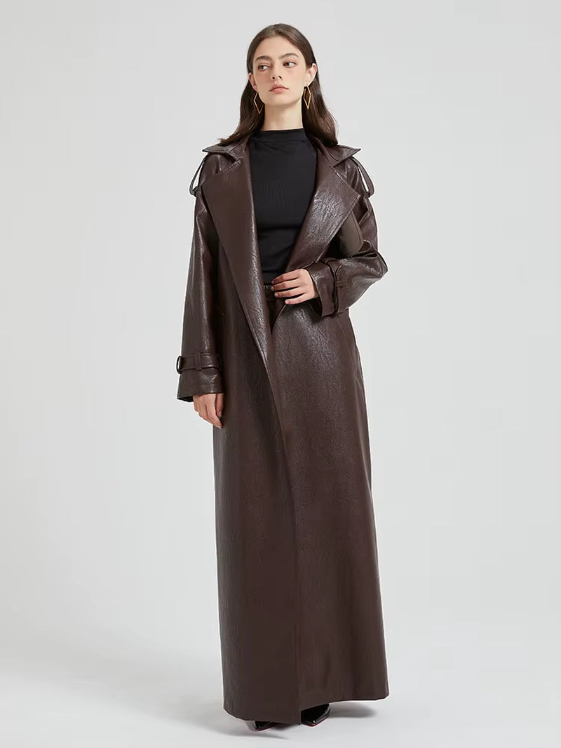 Modern Women Spring Autumn Extra Long  Leather Trench Coat 