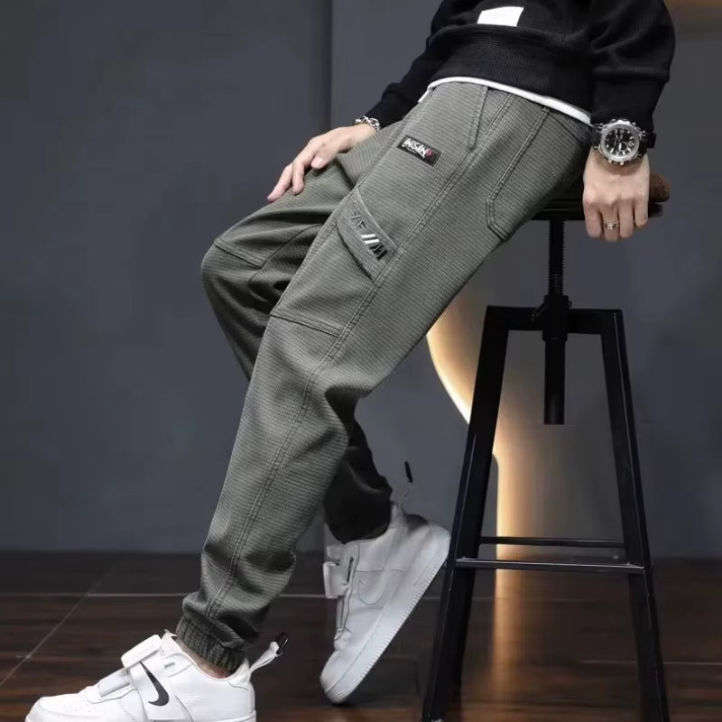 Men'S Clothing Letter Embroidered Solid Color Pockets High Waisted Elastic Casual Spring Autumn Trousers Bloomers Cargo Pants