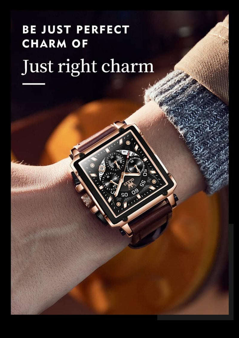 Vintage Square Watch for Men Genuine Brown Leather 