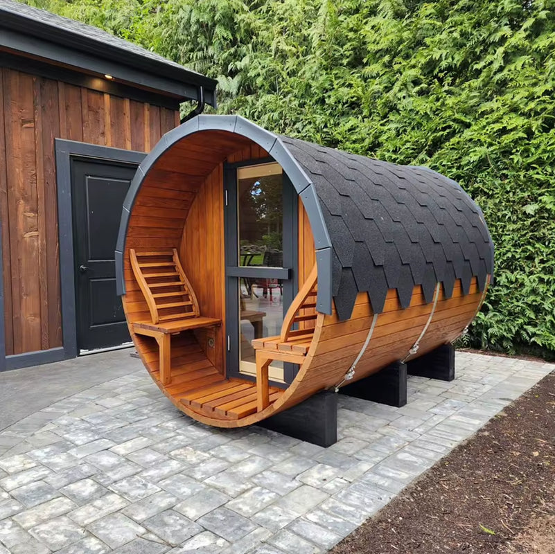 New Oversized 6Ft X 8Ft Red Cedar Barrel Outdoor Sauna 