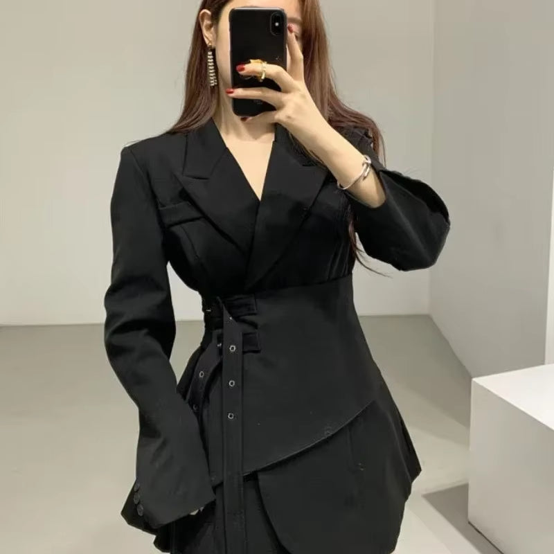 New Fusion Contrast Color Fashion Blazer Dresses for Women High Waist Trendy Wear