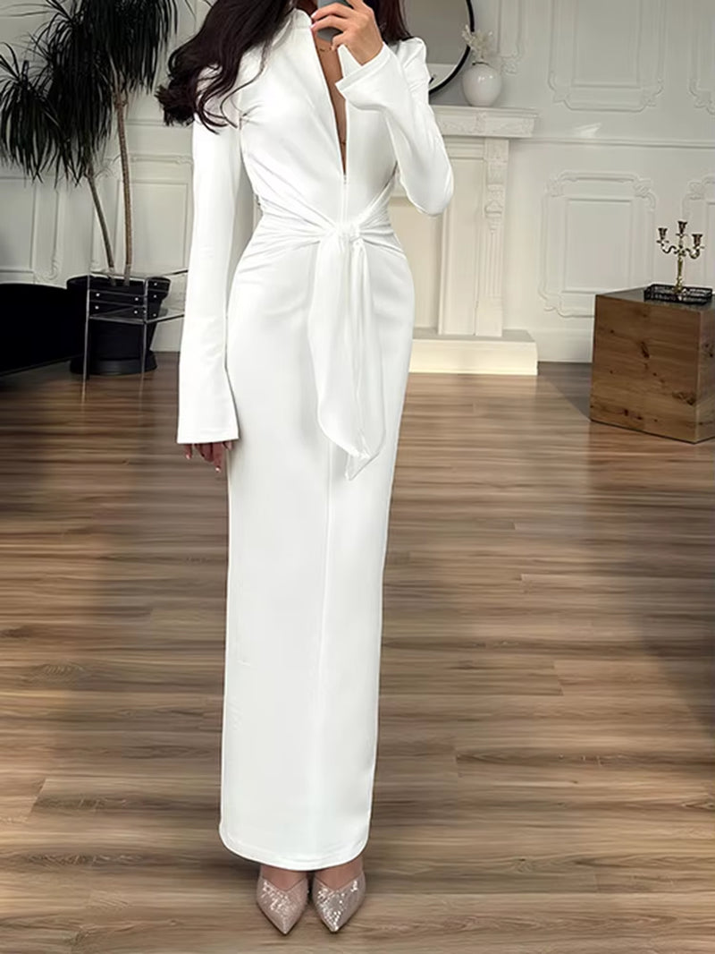 New V-Neck Long Sleeve Wrap Hips Women Party Dress Wear