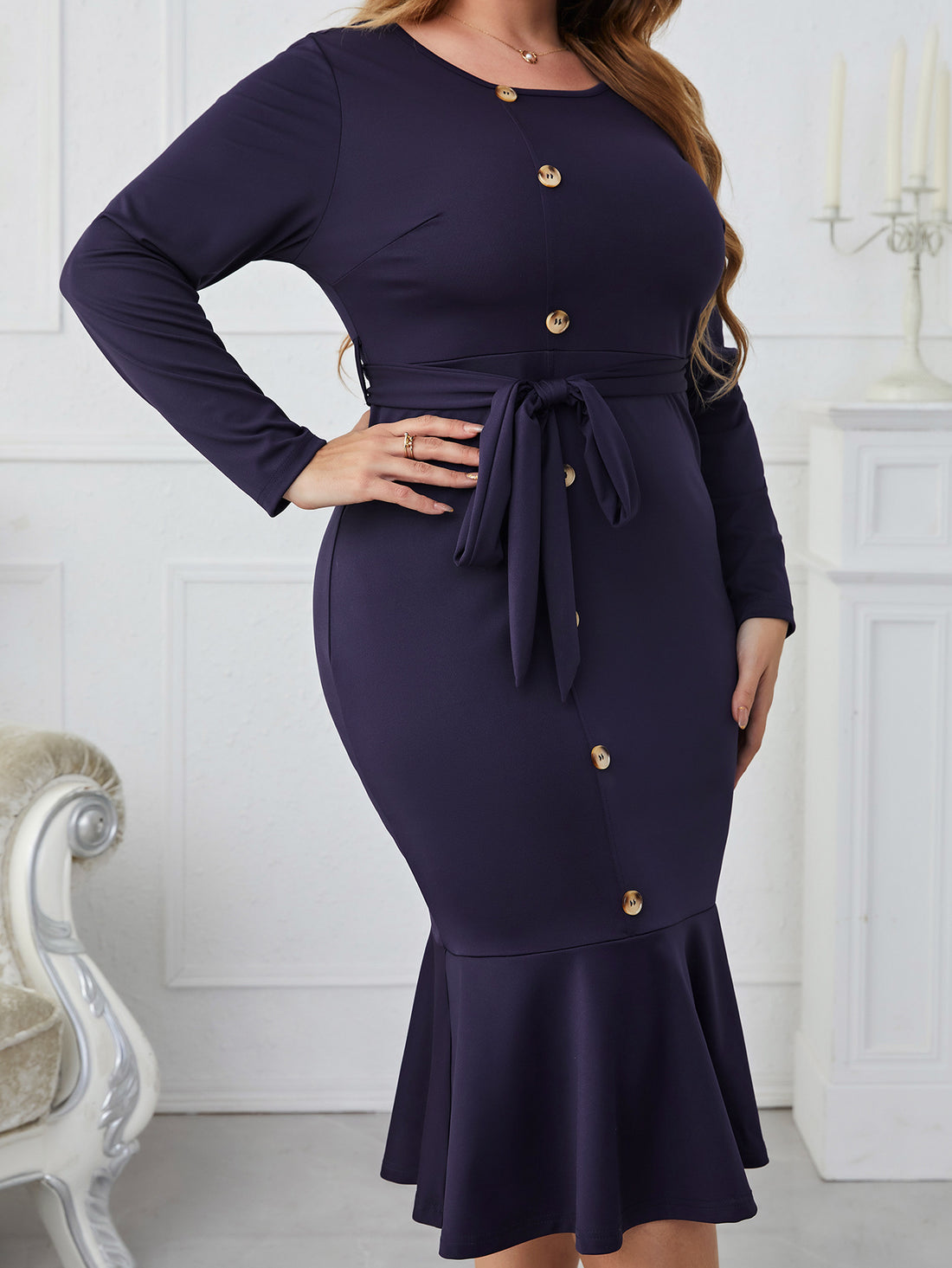 European And American Long Sleeve Belt Long Sheath Fishtail Skirt