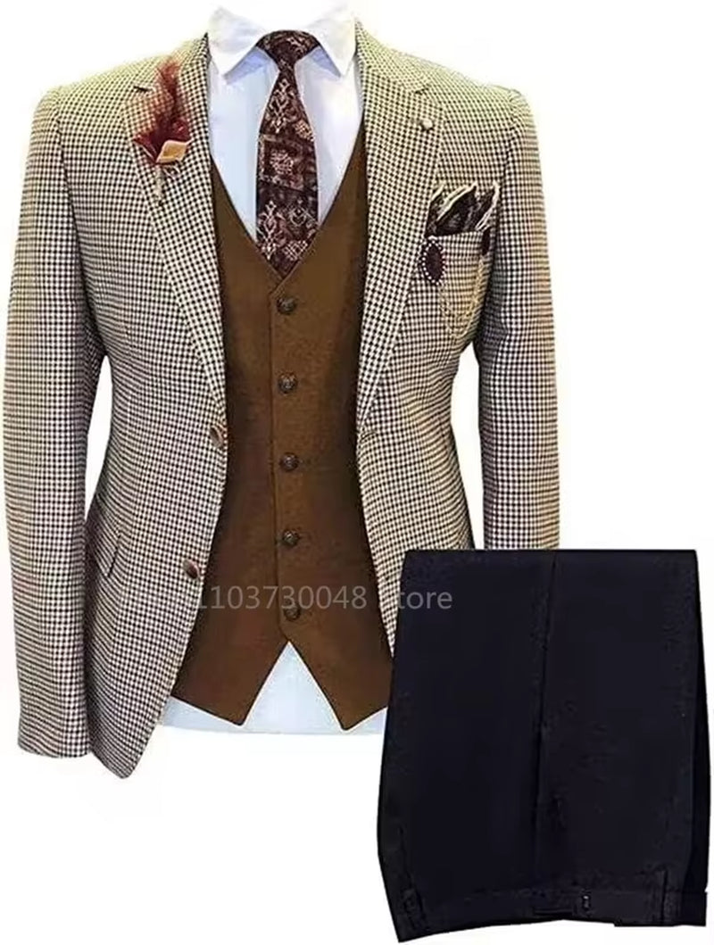 High End Men's 3 Pieces Formal Plaid  Suits Slim Fit Notch Lapel Brown Houndstooth Blazer for Wedding/Business