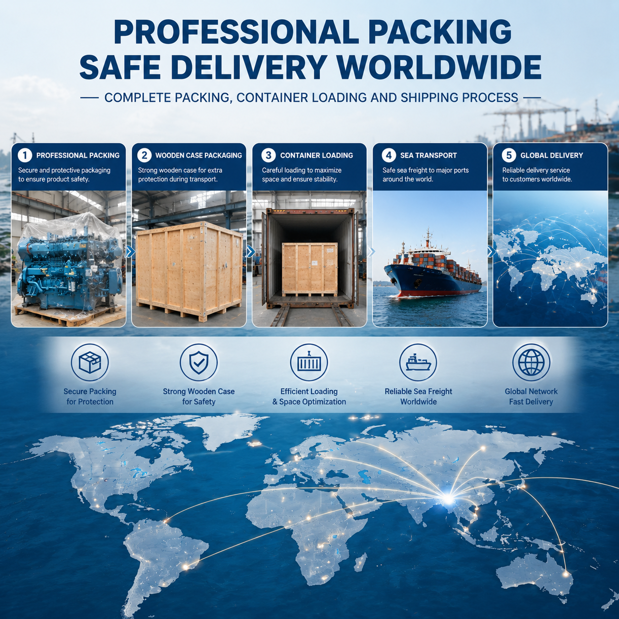 An infographic detailing the professional shipping and packaging process, featuring five numbered steps from professional packing and wooden case packaging to container loading, sea transport, and global delivery. The graphic includes a world map at the bottom and is branded with 'GLOBAL NETWORK'.